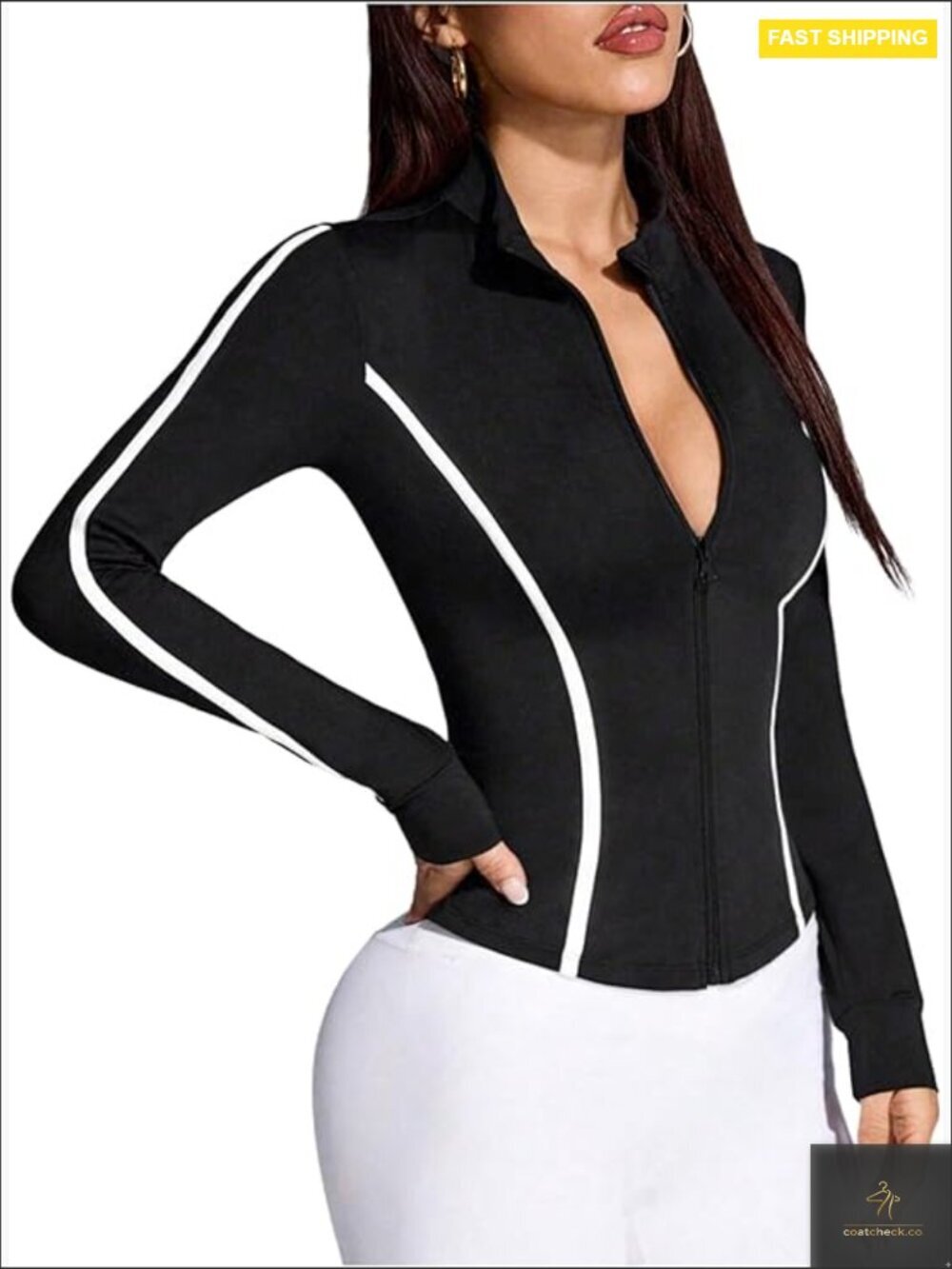 Women's Long Sleeve Full Zip Athletic Jacket with Stand Collar for Gym Running